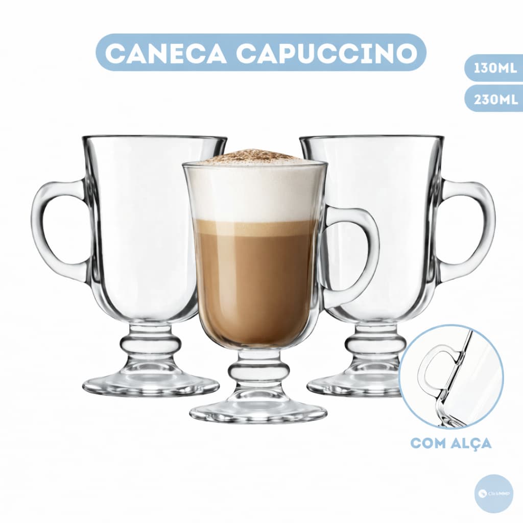 Kit 3/6un Canecas Luxo Capuccino Lisas Vidro Premium 130ml/230ml Dolce Gusto Com Alça