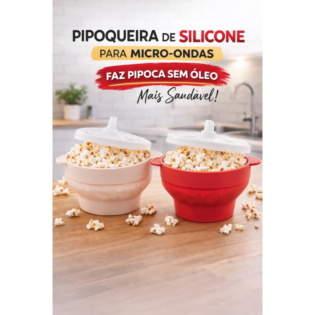 Pipoqueira de Silicone Micro-ondas Dobrável Com Tampa - Pipoca Sem Óleo Saudável - Vermelha ou Bege - Grande