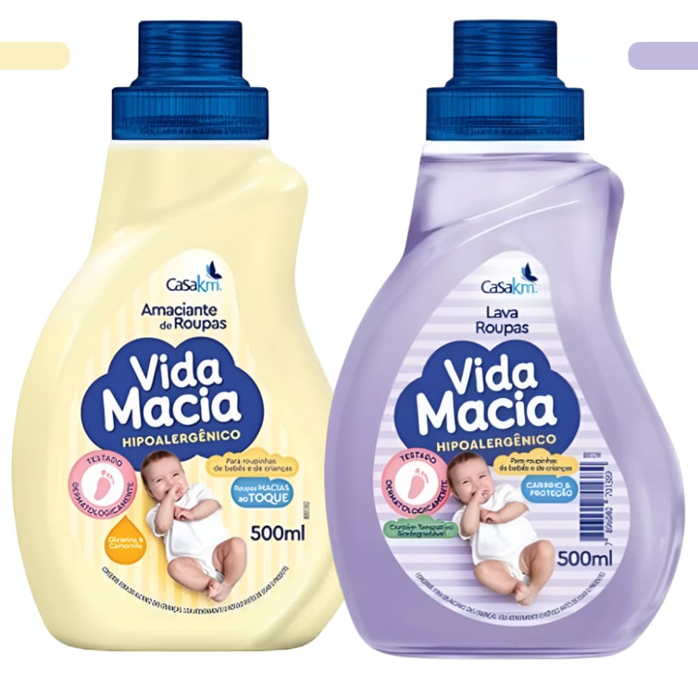 Kit Amaciante de Roupa e Sabão Líquido Lava Roupas Vida Macia Baby 500ml Cada