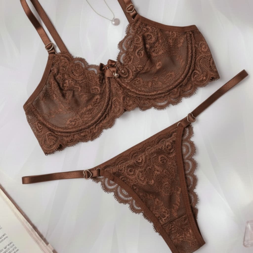 Conjunto Lingerie Sexy Rendado Sem Bojo Pingente Coração Calcinha Fio Dental Regulavel Feminina