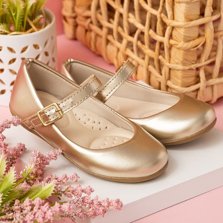 Sapatilha Infantil Menina Dourado Confortável Metalizada Segurança Bebê Batismo Casamento Passeio