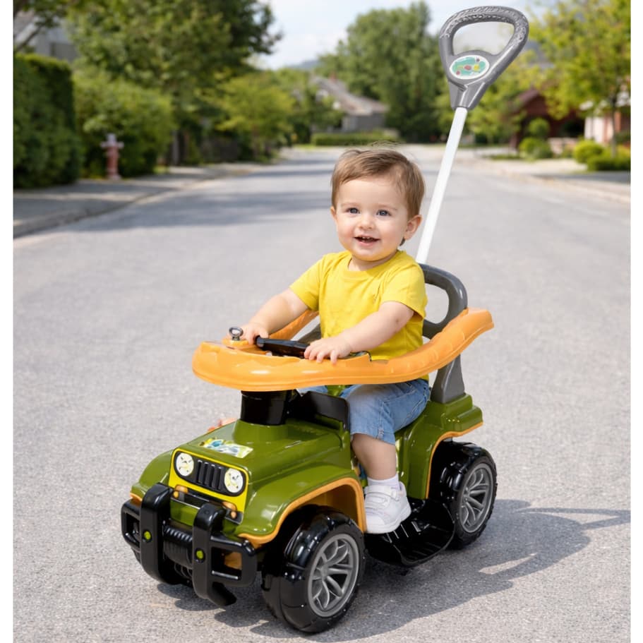 Carrinho de Passeio Quadriciclo Jip Jip Empurrador Militar Guidão Direcional Jeep Carro Empurar Brinquedo Infantil Haste