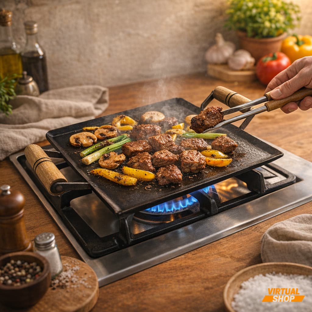 Chapa Fogão Bifeteira 30x30 2mm C/ Cabo de Madeira