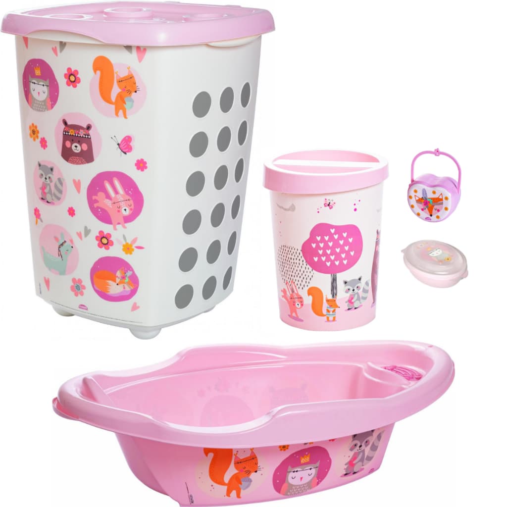 Kit Cesto de Roupa 38L, Banheira 21L, Lixeira 5,5L, Saboneteira e Porta Chupeta Para Bebês BICHINHOS