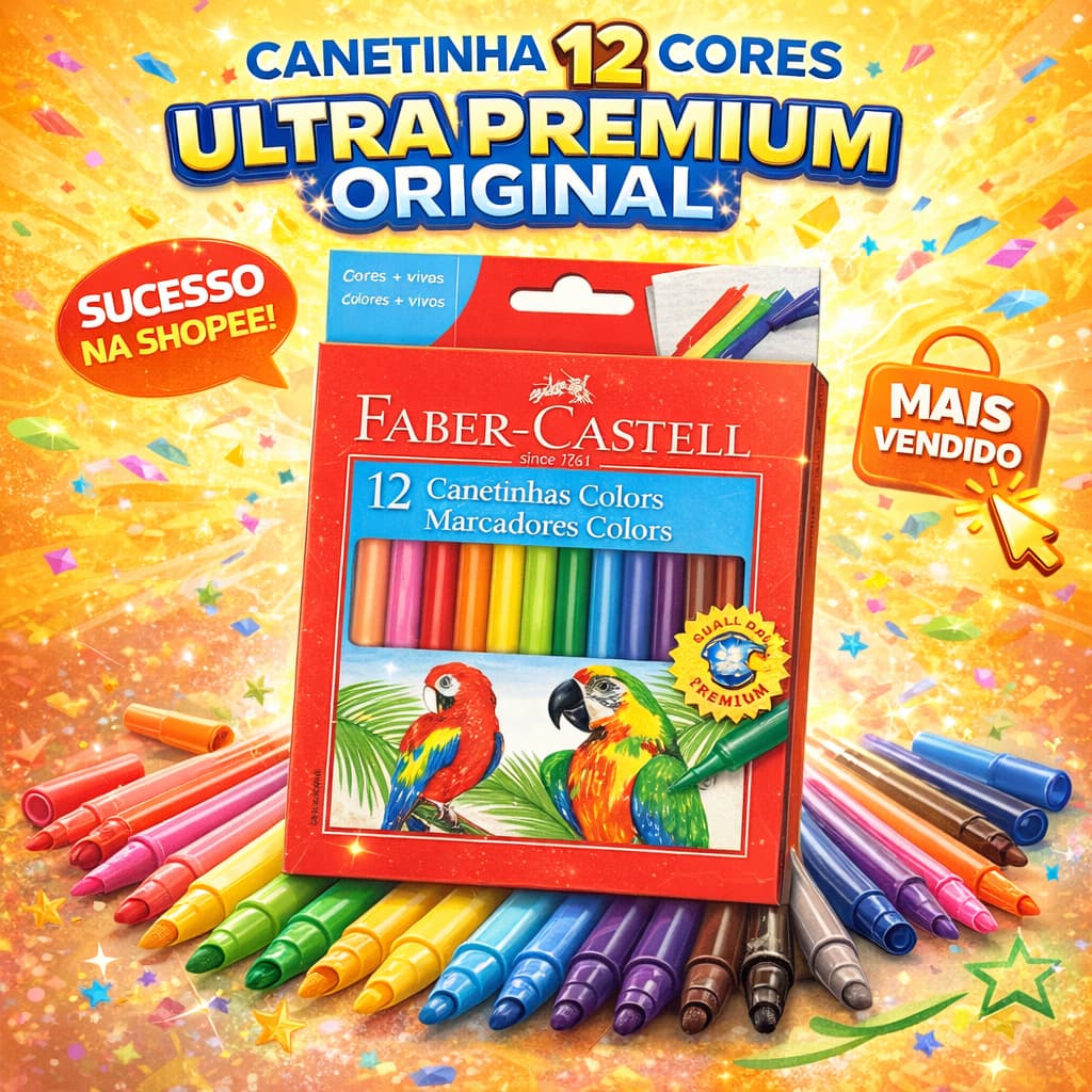 Canetinha Hidrográfica 12 Cores Faber Castell Original Lavável Ponta Média Estojo Escolar Infantil