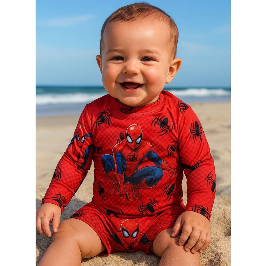 Conjunto Praia com Proteção UV 50+ Conjunto com sunga e camisa Mickey, Dinossauro, Patrulha, Sonic, Homem Aranha, Stitch