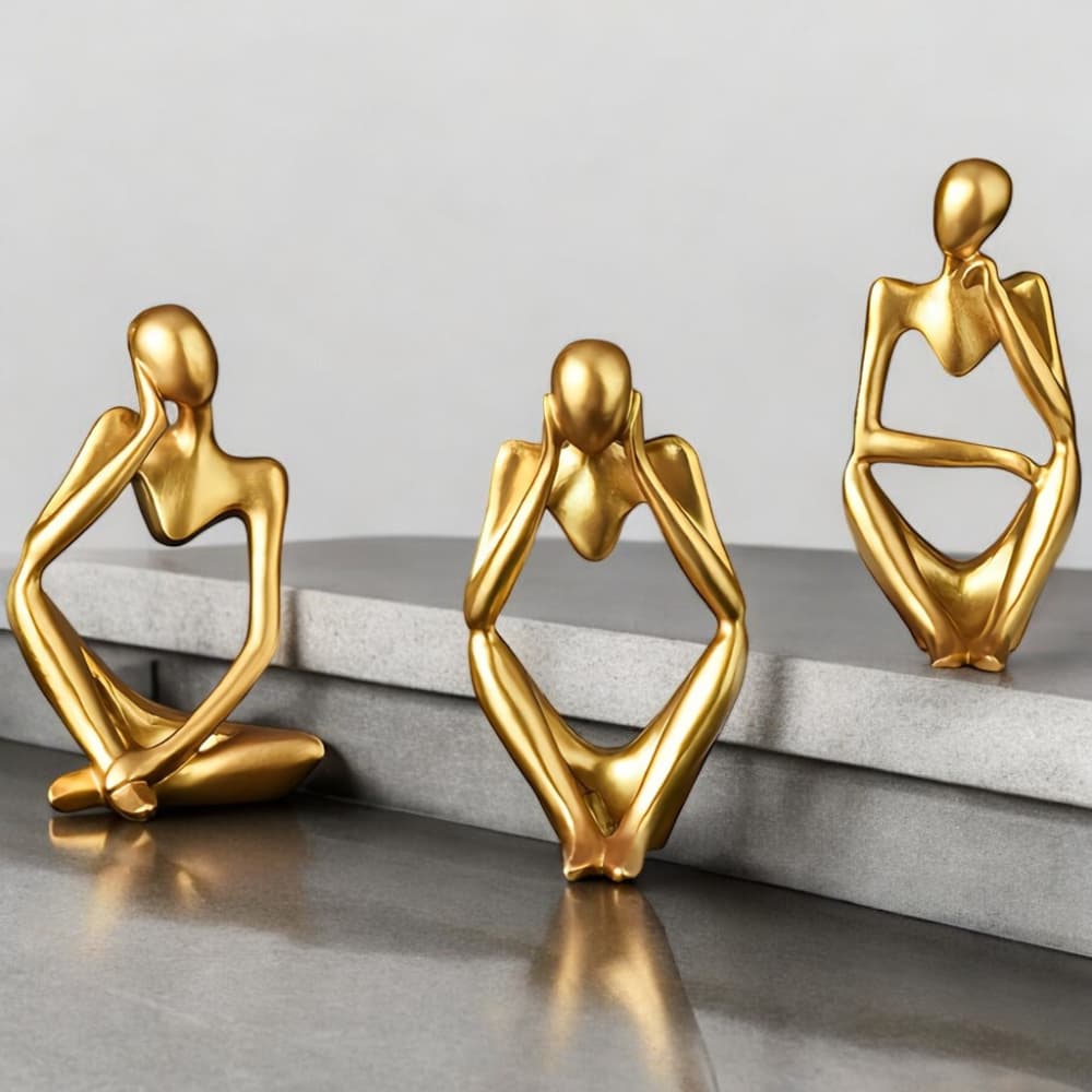 Kit Trio Estátuas Pensador Escultura Decorativa - Dourado, Branco e Preto