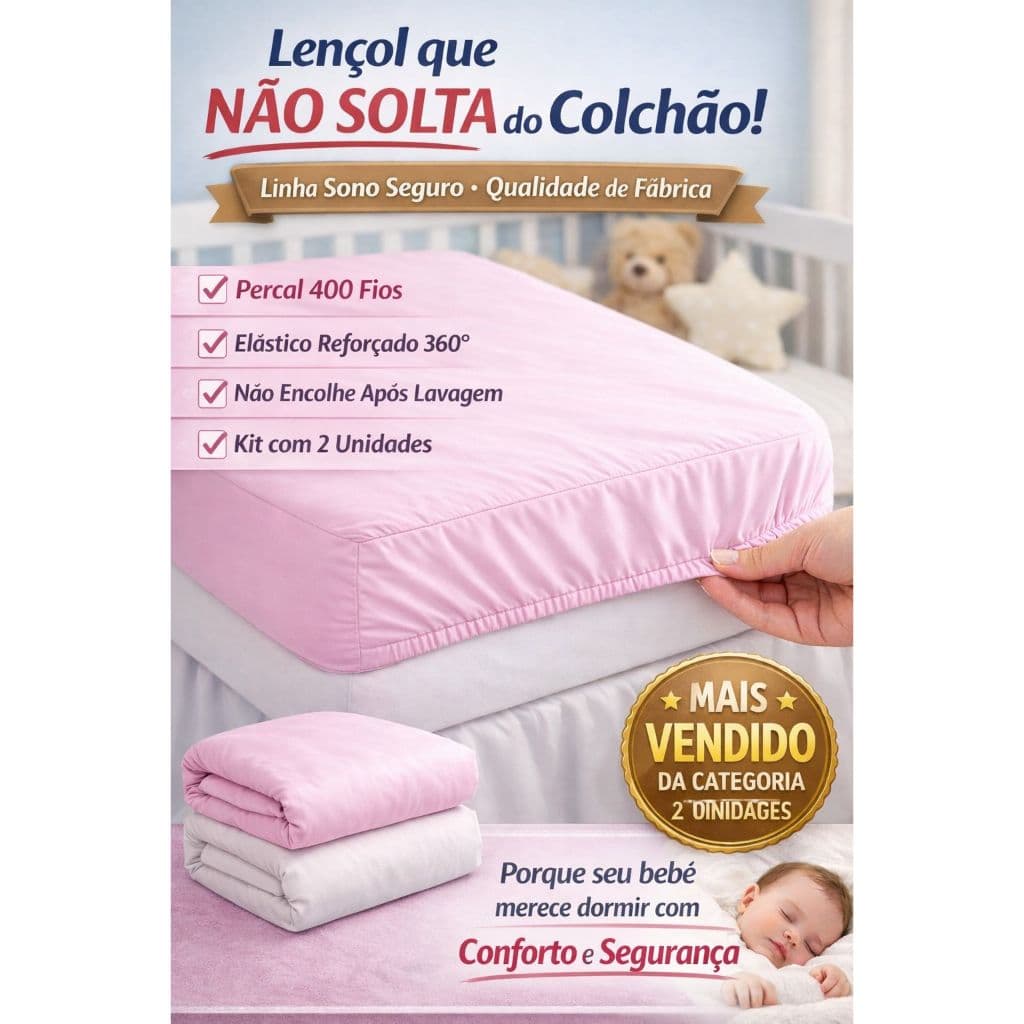 Kit 2 Lençol de Berço Americano 130x70 cm Percal 400 Fios com Elástico Infantil Antialérgico