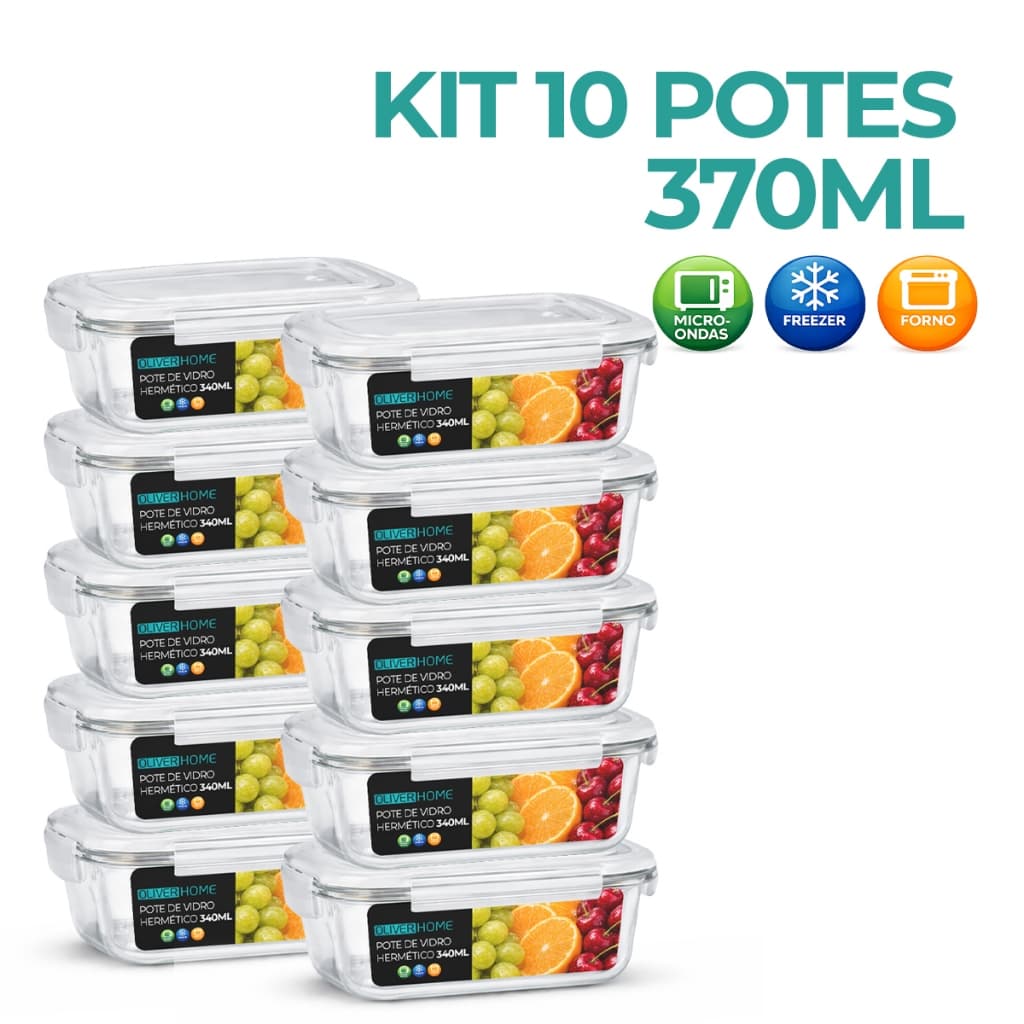 Kit Potes de Vidro 370ml Hermético Marmita Fit com Tampa 4 Travas