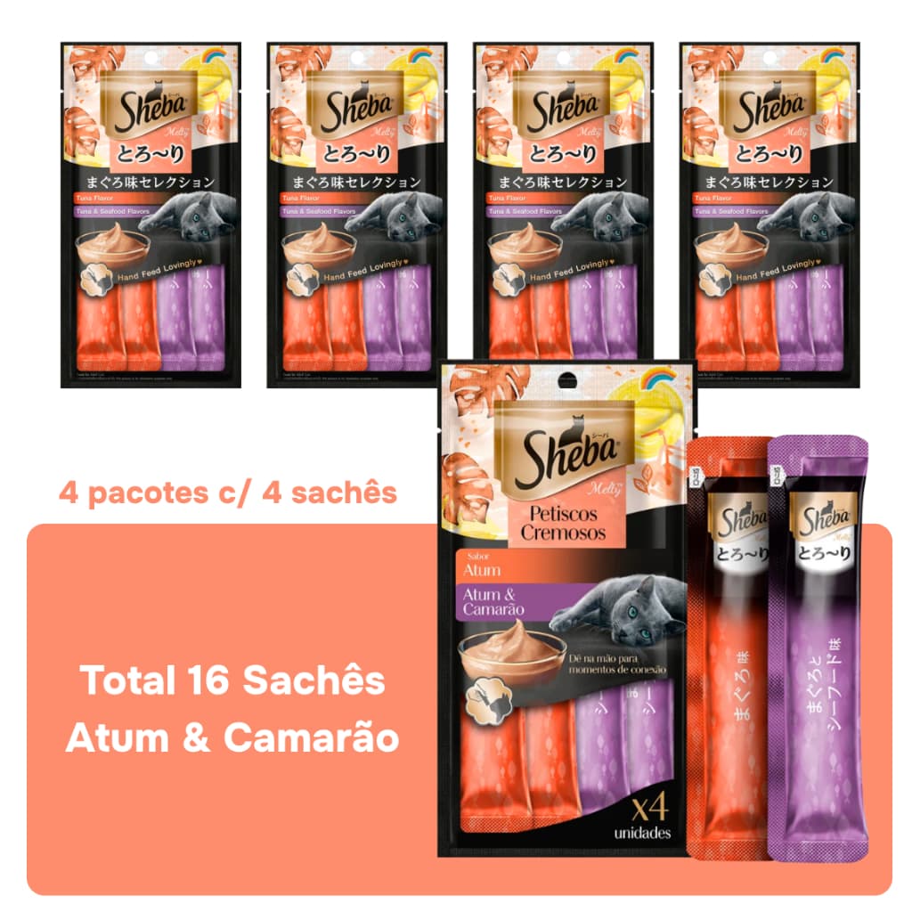 Petisco para Gatos Sheba Cremoso sabor Atum e Camarão - 16 unidades