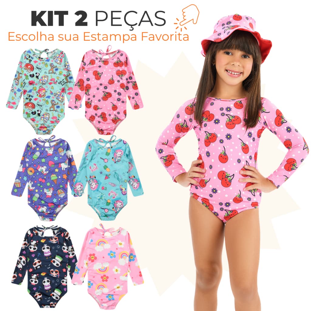 Conjunto Maiô Natação Infantil Biquíni Manga longa Proteção Solar Uv50 Chapéu Com Proteção UV50 Lote Body