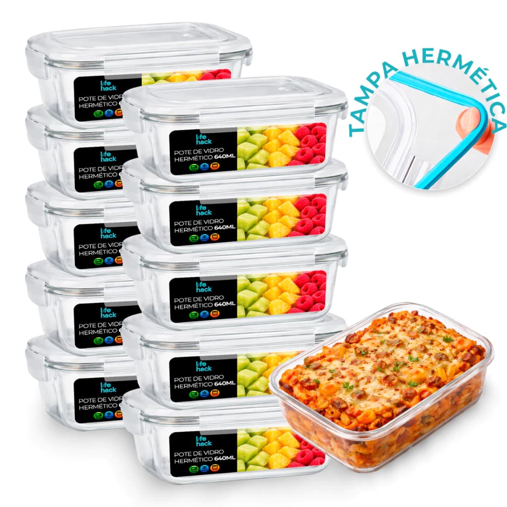 Conjunto Potes Vidro Hermético 640ml Mantimentos Fitness Marmita Alimentos