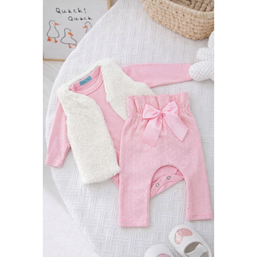 Conjunto Roupa Bebê Colete Menina Femenino Conjuntinho Frio Inverno Kit 3 Peças Roupinha  Luxo laço