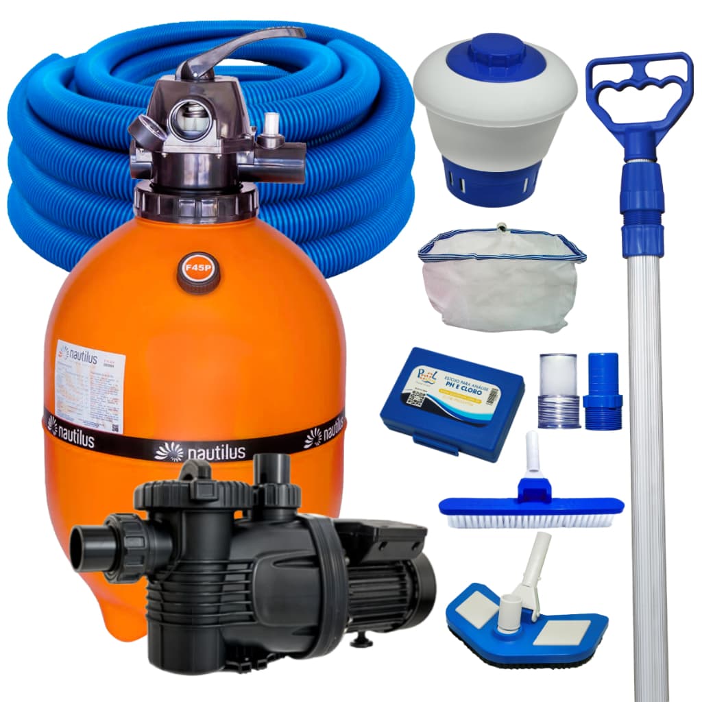 Filtro F450 e Bomba 1/2cv Komeco Aquaflow Para Piscina Com Kit de Limpeza Completo Até 52mil Litros