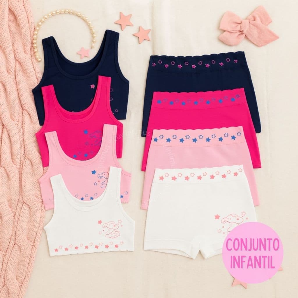 Kit 9,7 ou 5 Conjuntos Top + Calcinha Shortinho Menina Infantil 4 a 10 Anos Poliamida Premium