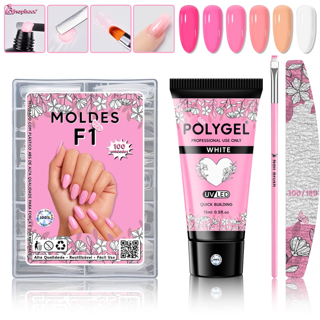 Kit Alongamento Poligel Polygel + Molde F1 + Lixa de Unha + Pincel De Aplicação para Unhas