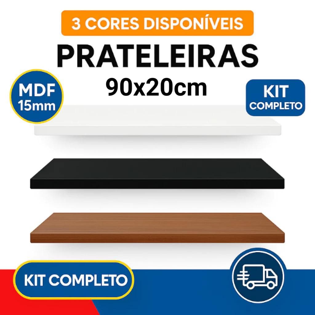 Prateleiras MDF 90x20cm com Suporte Quarto Sala Banheiro Decoração Branca Preta Freijó + Kit Instalação