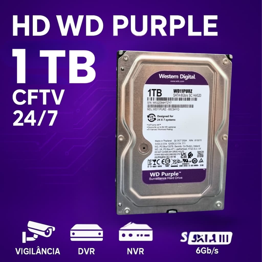 HD WD Purple 1TB / 500gb SATA 3.5” Para DVR Intelbras/Multimarcas CFTV Vigilância 24/7 Novo GARANTIA