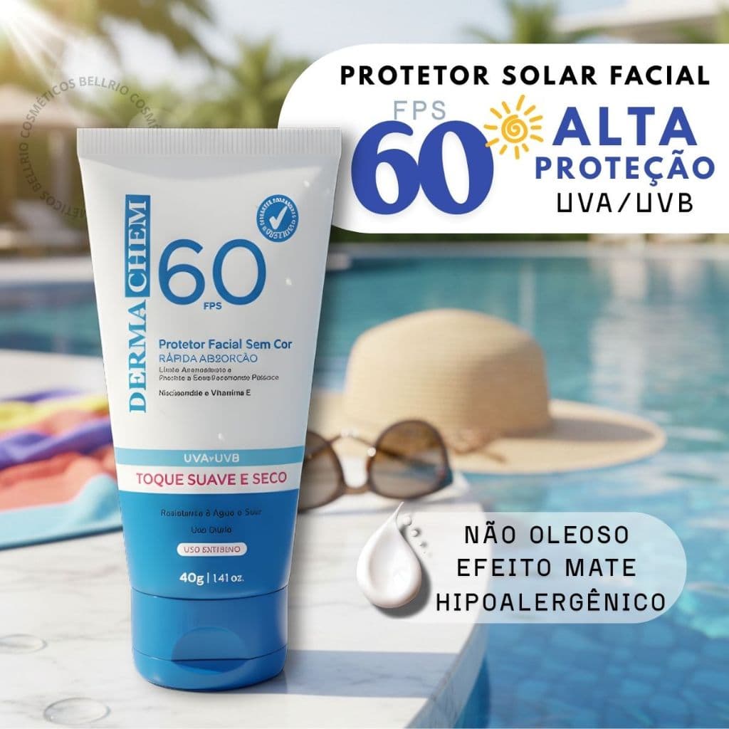 ☀️ Protetor Solar Rosto FPS 60 Alta Proteção UVA/UVB Sem Cor Dermachem 40g ☀️