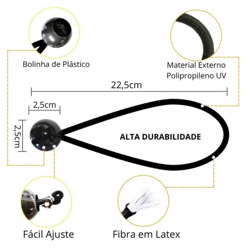 Kit Elastico Preto Com Bolinha Multiuso (Elástico Piscina, Caminhão, Limpeza, Segurança, Barraca, Lona)