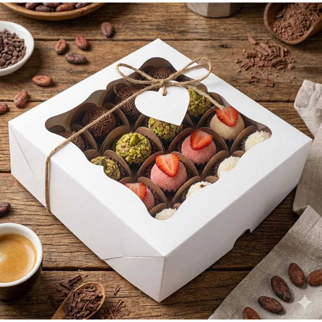 Caixa de Presente Branca/Kraft Clássica 15x15x4 Com Visor 20 Unidades