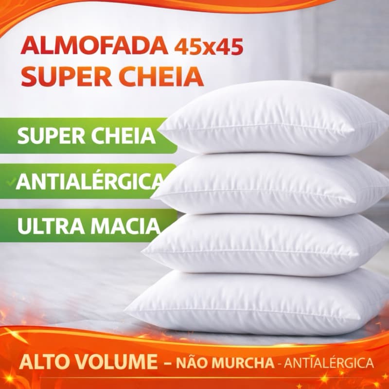 Enchimento Almofada 45x45cm Super Cheia Alto Volume Antialérgica Macia Refil Kit até 6 Envio Full