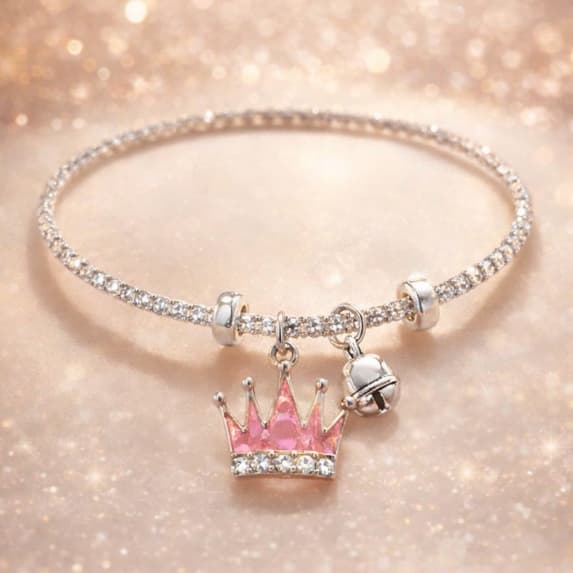 Kit Pulseira Infantil Pingente Dourado Prateado Regulagem Criança Coroa Brilho Sino