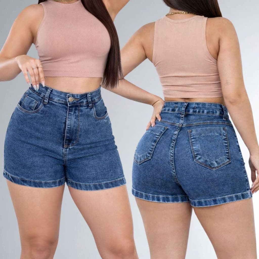 Short Jeans Feminino com Lycra Tradicional Barra Cós Alto Premium Bermuda Jeans