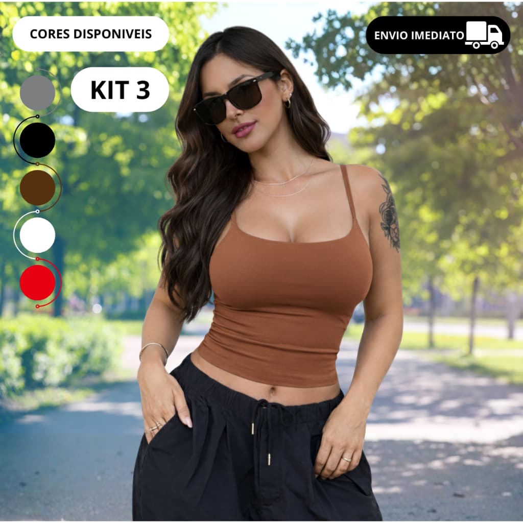 KIT 3 Regata De Alcinha Cropped Tube Feminino Básico Suplex Vermelho