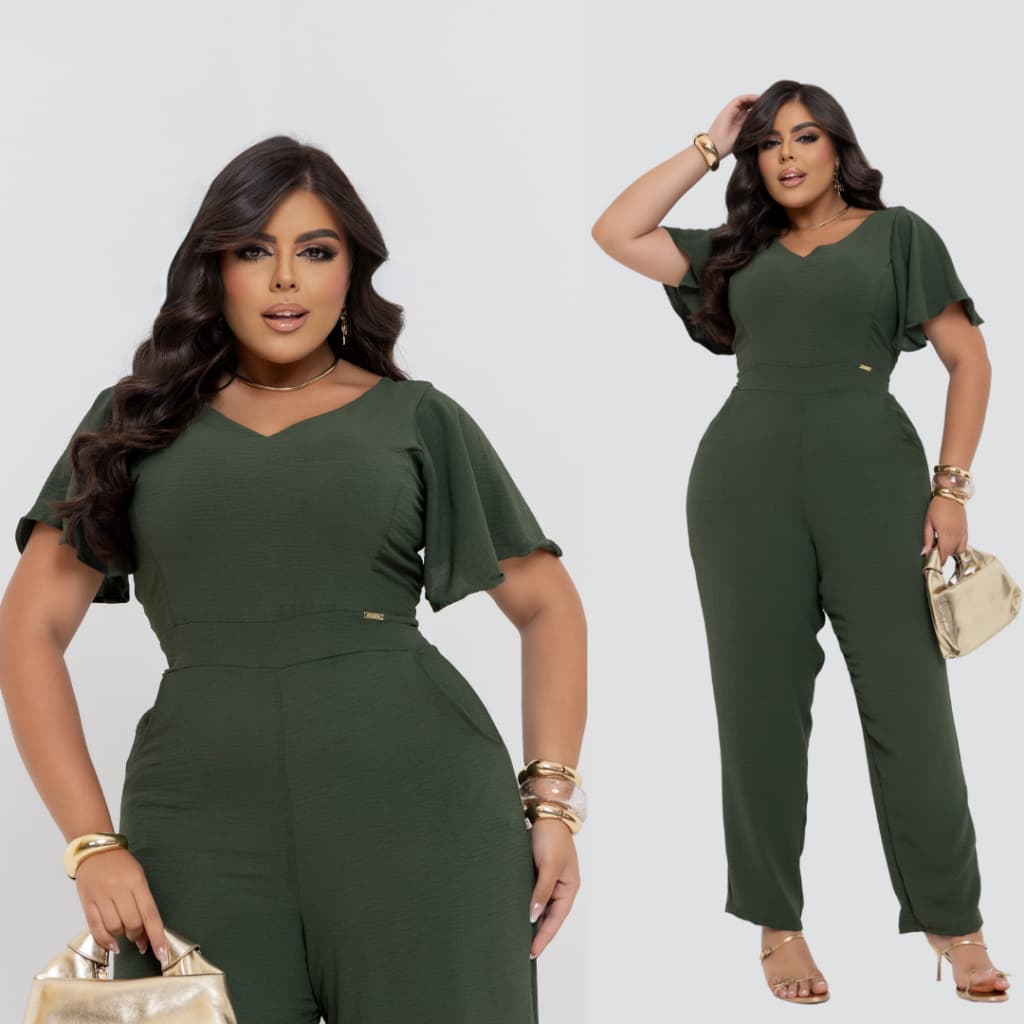 Macacão Longo Feminino Plus Size Duna Premium com Manga e Gola V Chique Festa Confortável