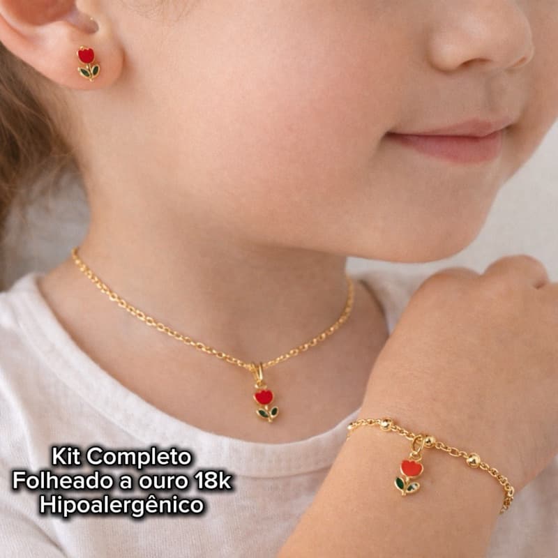 Kit Completo Infantil Tulipa Folheado a Ouro 18K – Colar, Brinco e Pulseira