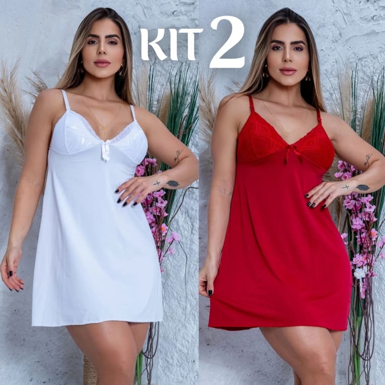 Kit 2 Camisola Sexy Renda Luxo Pijama Curto Feminino Sensual Lingerie Roupa de Dormir Plus Size