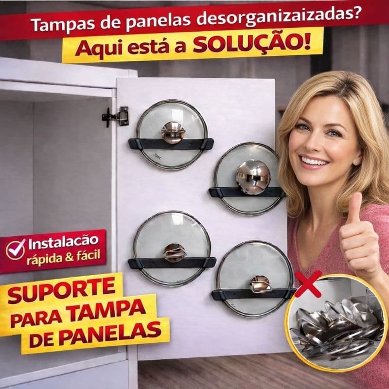 Kit 3, 4, 6 e 8 Suportes Organizador Tampas de Panelas Mais Vendido | Adesivo para Armário e Cozinha | Sem ou com Furos