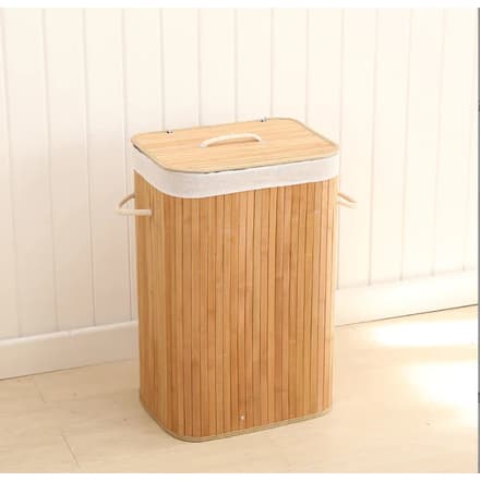 Cesto de Lavanderia 72L Bambu Natural Retangular com Tampa e Forro Removível