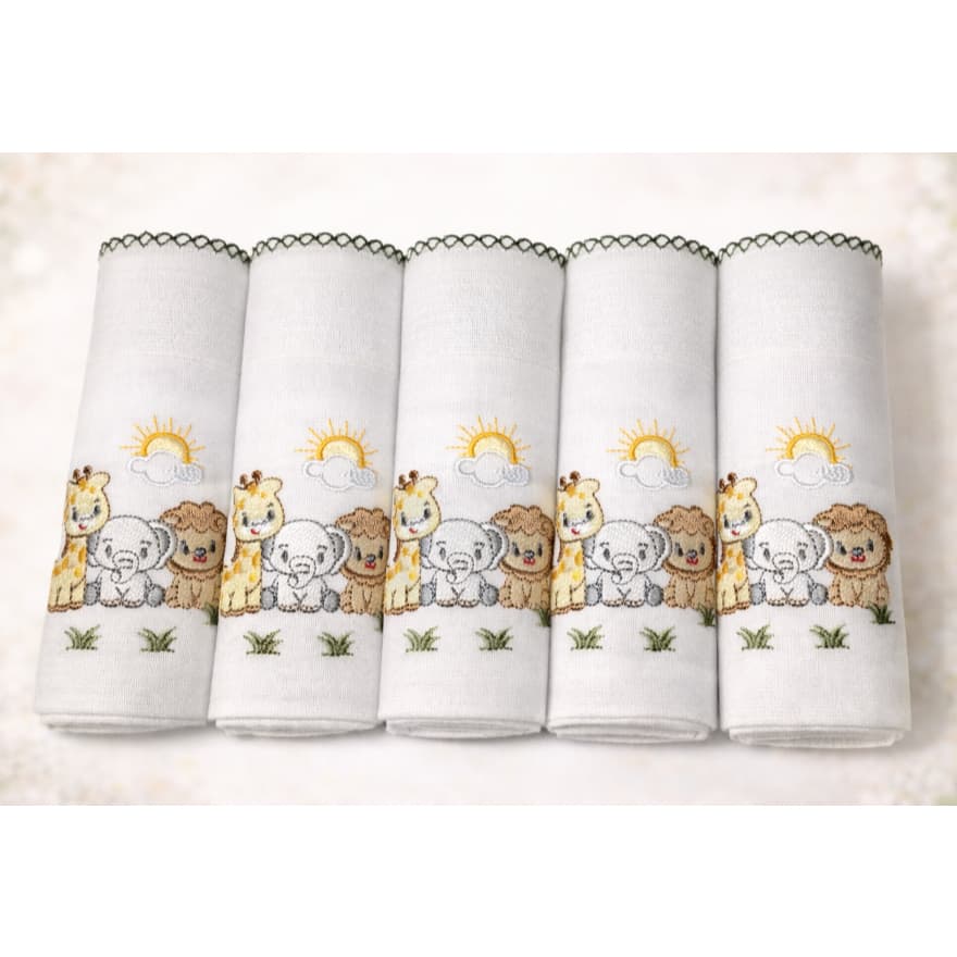 Kit  *SAFÁRI* fralda de pano bordado 5 unidades   100% ALGODÃO.