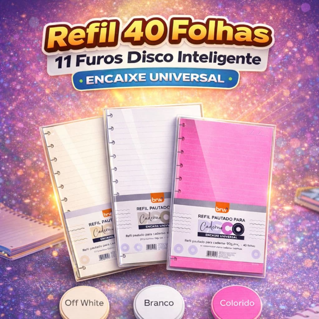 Refil Caderno 11 Discos Inteligente Universitário Pautado 90g Encaixe Universal 40 Fls Brw