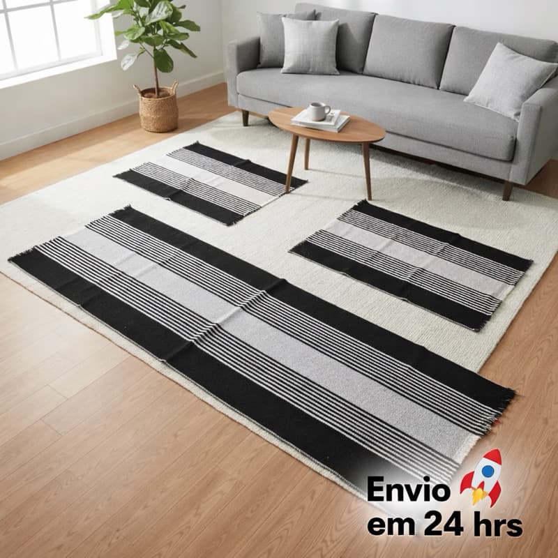 Jogo de Tapete e Passadeira Cozinha com 3 Peças Várias Cores Liso Listrado