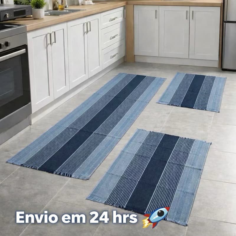 Jogo de Tapete e Passadeira Cozinha com 3 Peças Várias Cores Liso Listrado