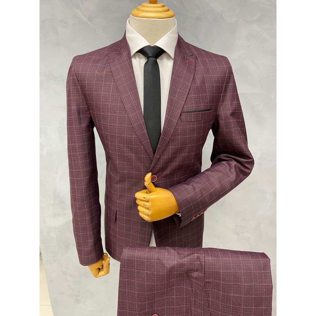 Terno Casemira Príncipe de Gales Cor Bordo Quadriculado Alta Costura de Luxo