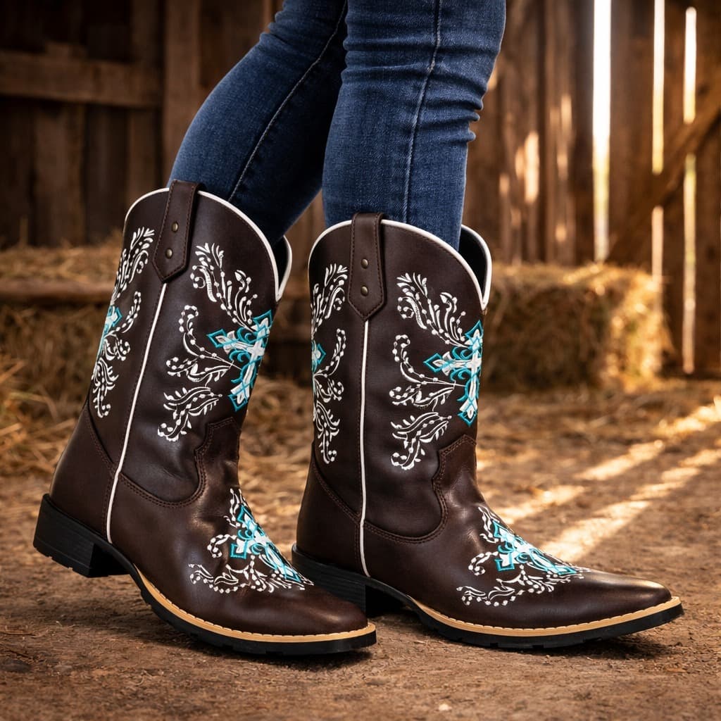 Bota Texana Country Feminina Cruz Espelhada Azul Bico Quadrado