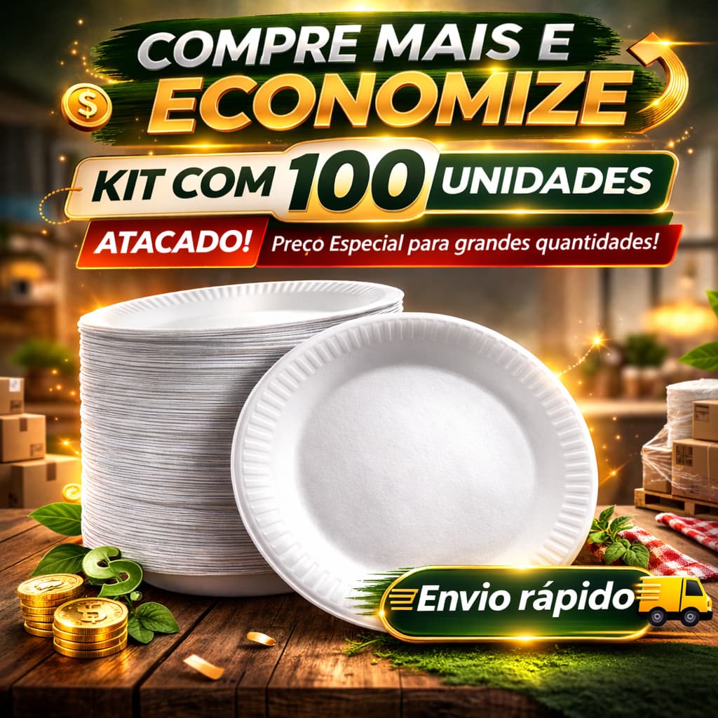 Kit 100 Pratos Descartáveis de Isopor Reciclável Leve Empilhável 23cm Resistente