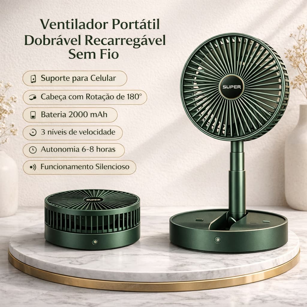 Ventilador Portátil Recarregável USB 180° | Retrátil Silencioso | Ventilador de Mesa Baixo Ruído
