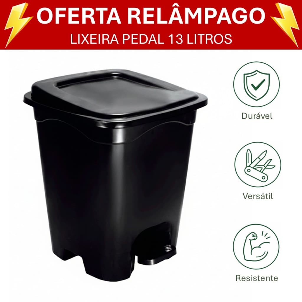Lixeira Quadrada 13L com Pedal e Tampa | Moderna Resistente para Cozinha Banheiro Escritório