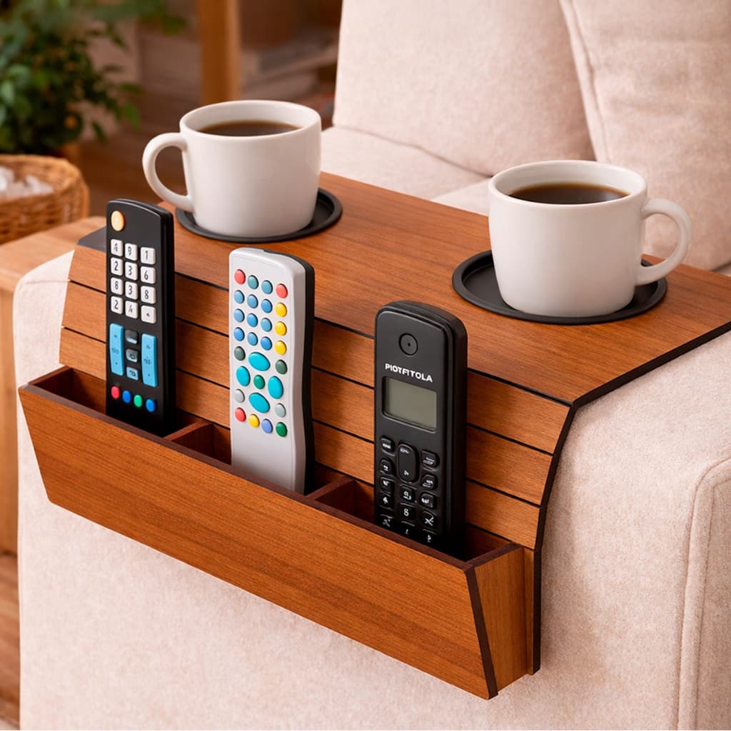 Esteira Bandeja Sofá MDF Flexível Com Porta Copos E Porta Controle Organizador De Braço Suporte De Luxo Encaixe Universa