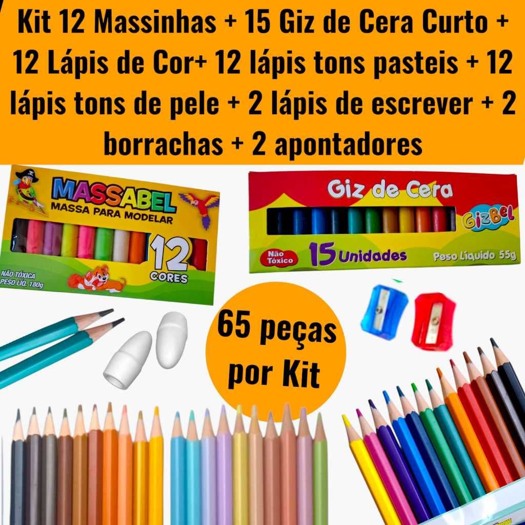 Kit Lembrancinha Escolar com 65 Itens | 32 Lápis de Cor + 15 Giz + 12 Massinhas + 2 Borracha + 2 Apontador + 2 Escrever