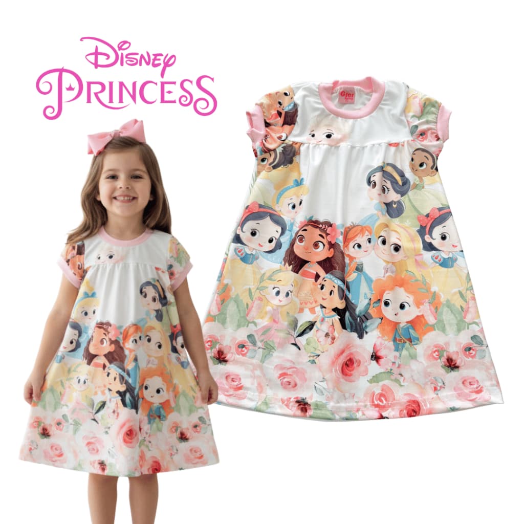 Vestido Curto Menina Estampado Princesas Baby Verão 1 a 5 Anos Roupa Infantil Verão
