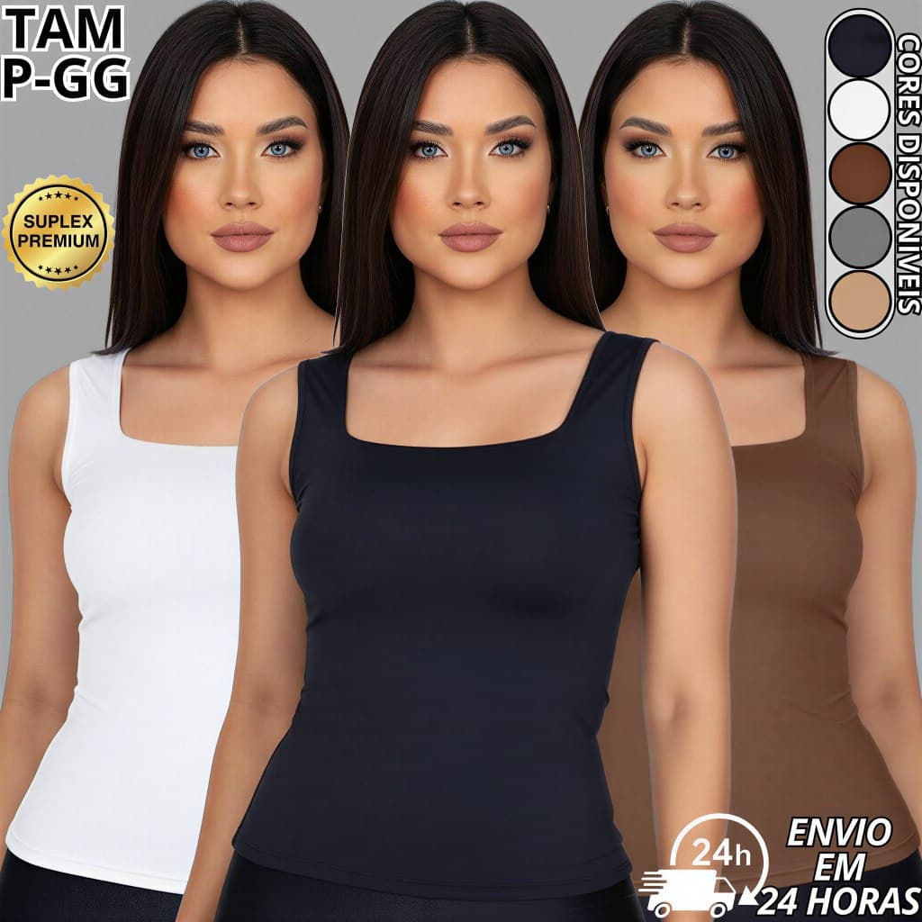 Regata Blusa Feminina Decote Quadrado Suplex Premium Forro Duplo Blusinha básica P M G GG