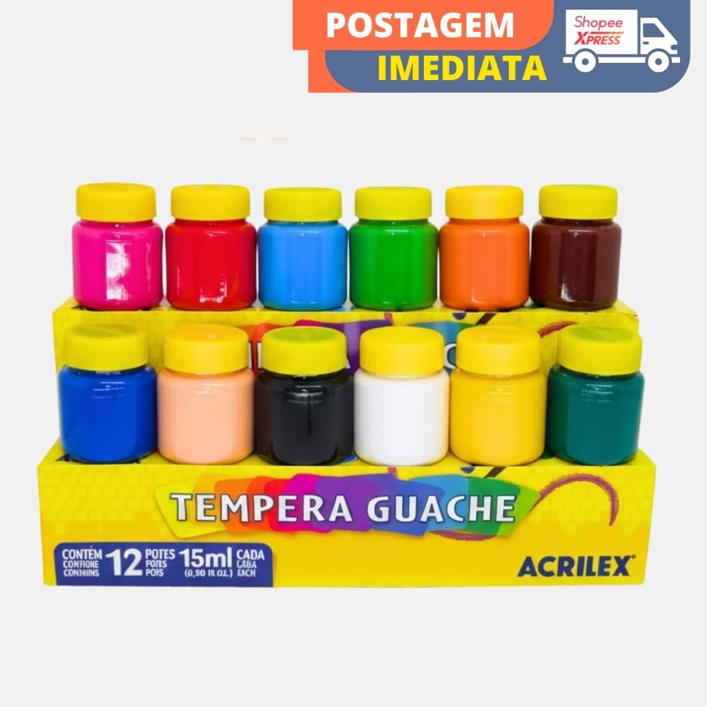Tinta Guache 12 cores e 6 cores - Acrilex | Material Escolar | Tinta Colorida