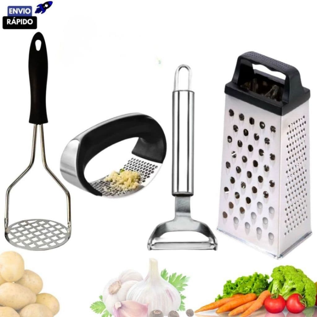 Kit Utensílios Ralador 4 Faces Amassador Batata Amassador Alho Descascador de Legumes em Aço Inox