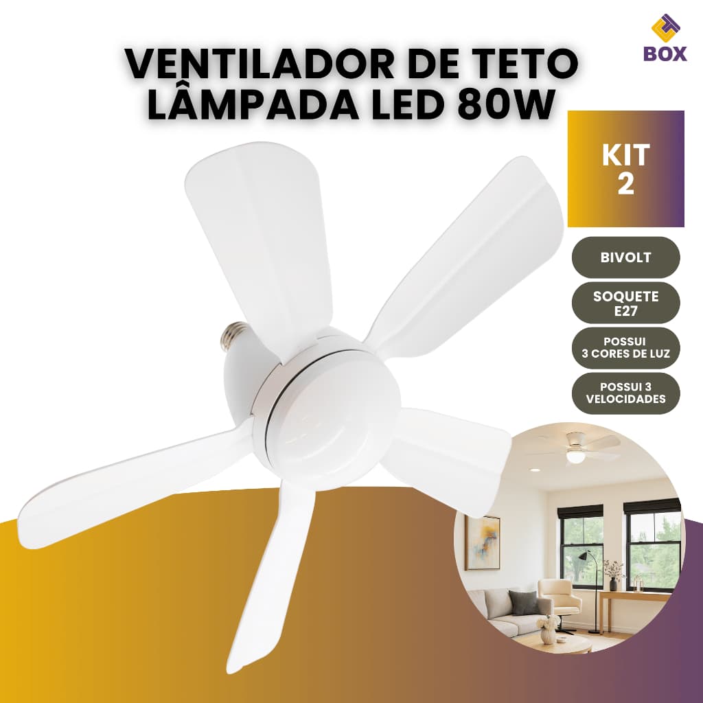 Kit 2 Ventilador de Teto Lâmpada E27 Ajustável Bivolt Com Led VT02
